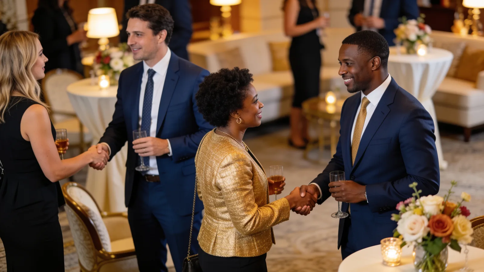 Business professionals networking at a chamber gathering